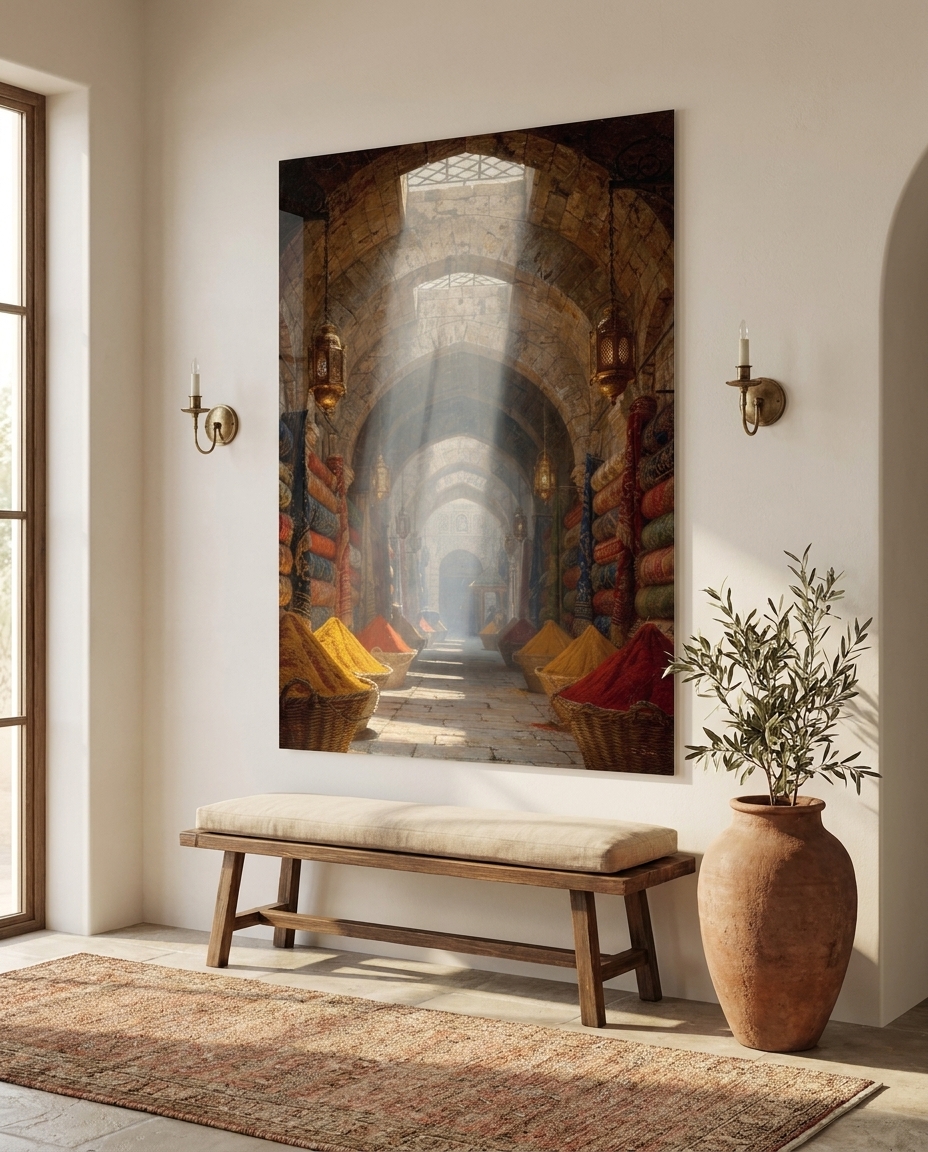 Beams of golden morning sun pierce ancient stone vaults, illuminating vibrant heaps of spice and stacked textiles in a tranquil bazaar corridor.