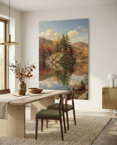 A tranquil mountain lake mirrors fiery autumn hills and a solitary pine-crowned rocky island under soft golden light.