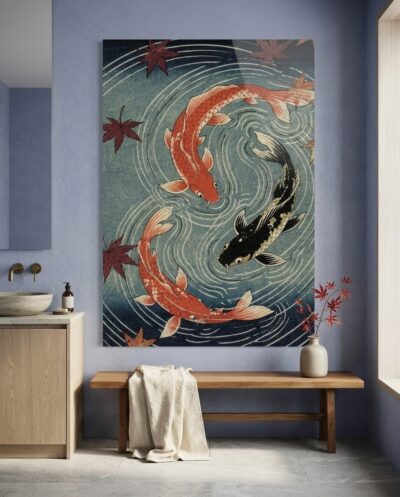 Three graceful koi carve luminous spirals through deep indigo water, accompanied by drifting autumn maple leaves in an enduring dance of natural harmony.