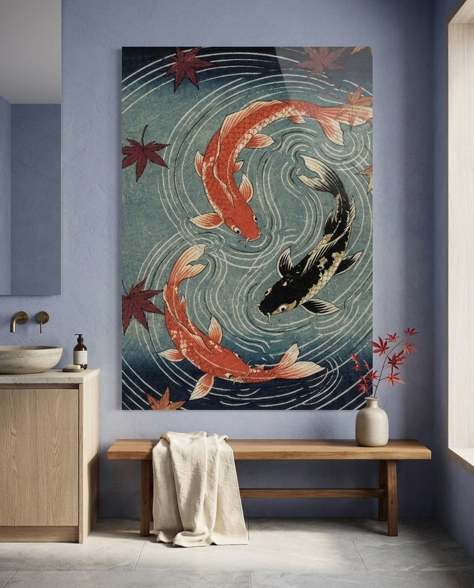 Three graceful koi carve luminous spirals through deep indigo water, accompanied by drifting autumn maple leaves in an enduring dance of natural harmony.