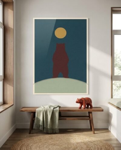 A stylized oxblood bear stands grounded upon a soft sage crest beneath a mustard moon and deep petrol blue sky.