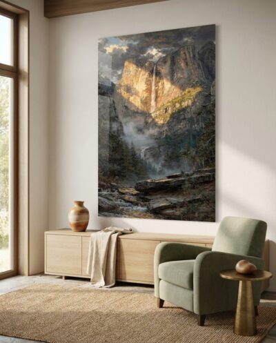 A golden shaft of sunlight pierces clearing storm clouds, illuminating sheer granite cliffs and a cascading mountain cataract.