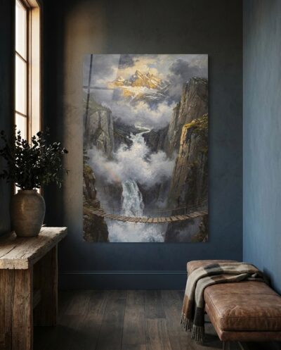 A fragile wooden bridge spans a thundering alpine gorge, where rising glacial mist catches morning light beneath sunlit, snow-dusted peaks.
