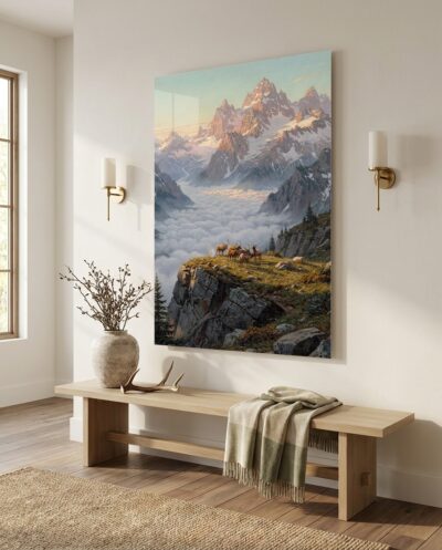 Golden morning light touches snow-dusted alpine spires above a sea of valley mist, where an elk herd gathers upon a rugged precipice.