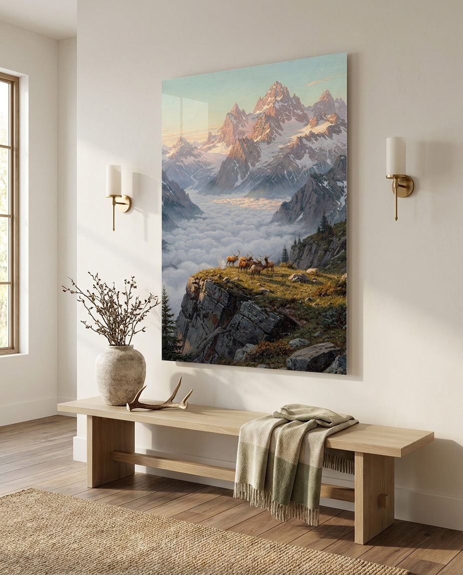 Golden morning light touches snow-dusted alpine spires above a sea of valley mist, where an elk herd gathers upon a rugged precipice.