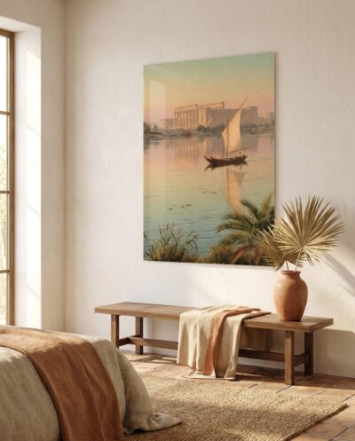 A solitary lateen sailboat glides across calm waters beneath the golden morning light of ancient temple colonnades.