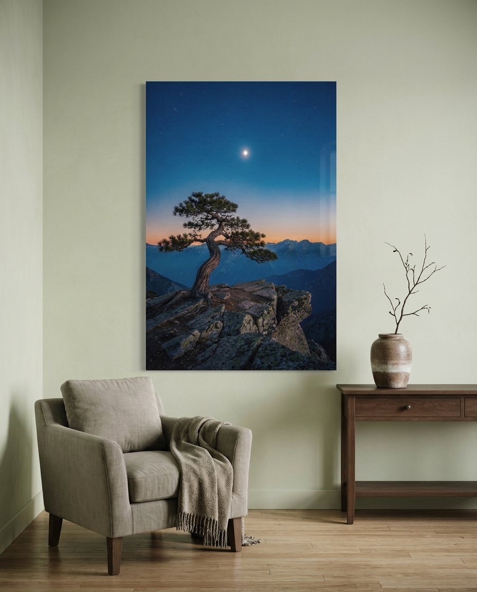 A solitary weathered pine stands sentinel on a granite precipice as twilight deepens and the evening star emerges over distant mountain ridges.