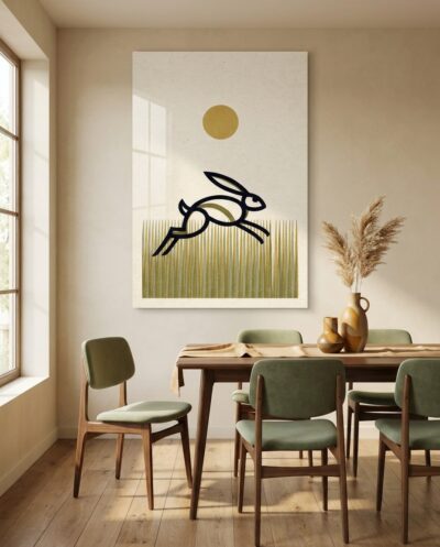 A stylized hare leaps with graphic grace across vertical reeds of sage and golden grass beneath a warm sun.