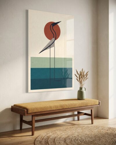 A stylized heron stands poised before a warm terracotta sun and tiered bands of tranquil coastal blue.