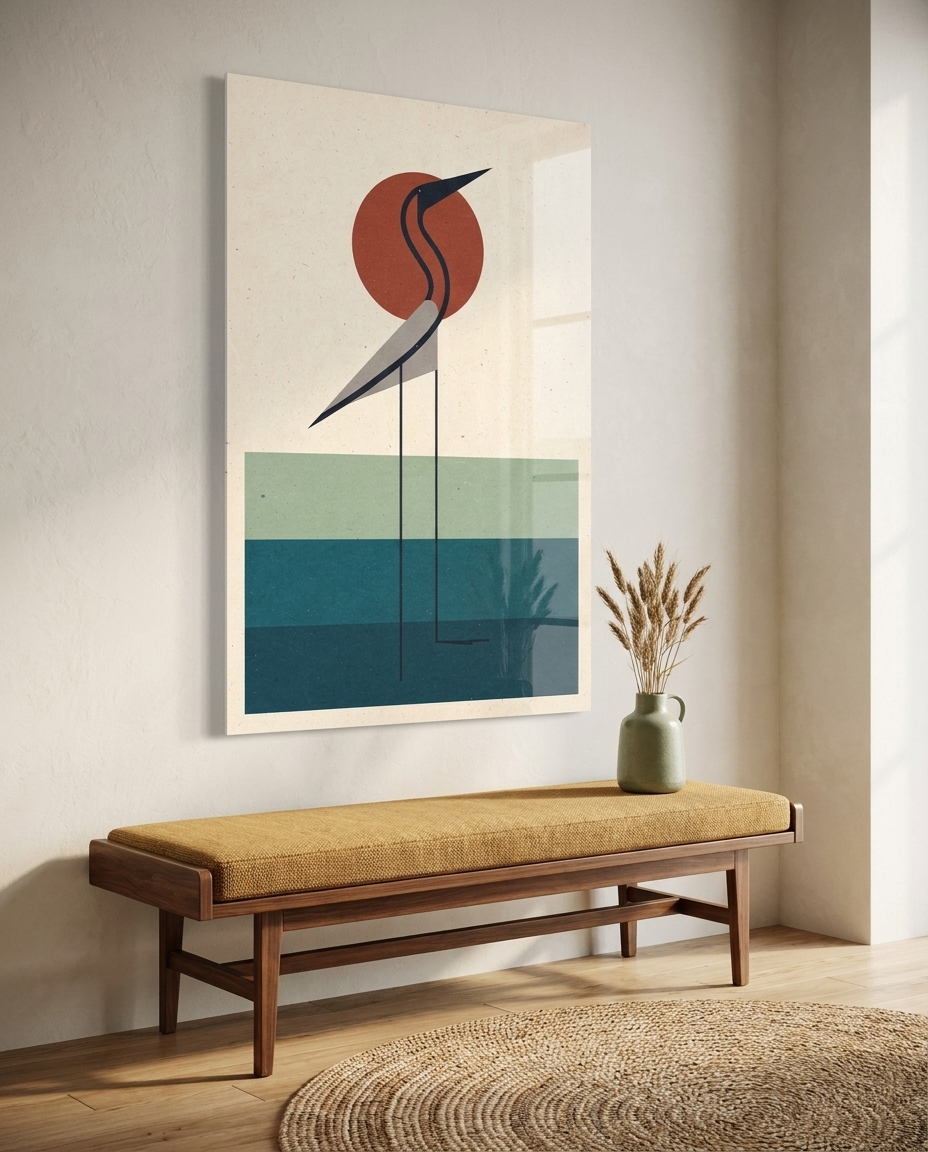 A stylized heron stands poised before a warm terracotta sun and tiered bands of tranquil coastal blue.