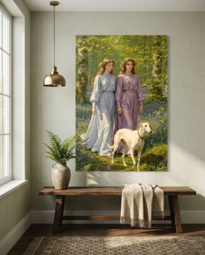 Two maidens in flowing pastel robes walk an elegant white sighthound through a sun-dappled beech grove carpeted in vivid bluebells.