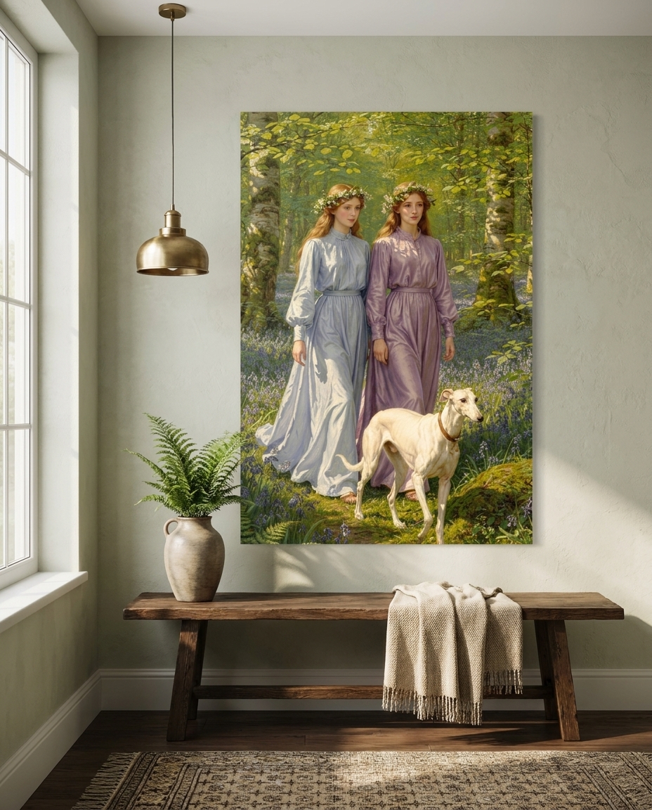 Two maidens in flowing pastel robes walk an elegant white sighthound through a sun-dappled beech grove carpeted in vivid bluebells.