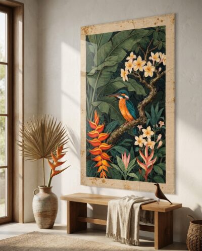 Perched amidst a sanctuary of creamy frangipani blossoms and fiery heliconias, a jewel-toned kingfisher surveys the tranquil emerald depths of a lush tropical garden.