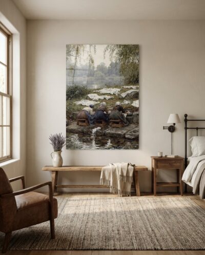 Three washerwomen kneel in quiet communion along a gentle riverbank, their fresh linens drying across the grassy slope beneath weeping willows.