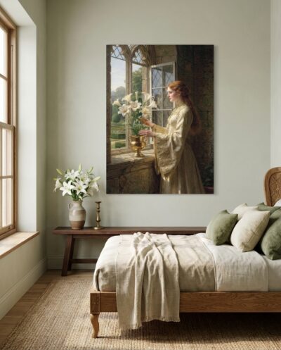 Morning light streams through a Gothic casement as an elegant noblewoman gently arranges white lilies in an ornate golden urn.