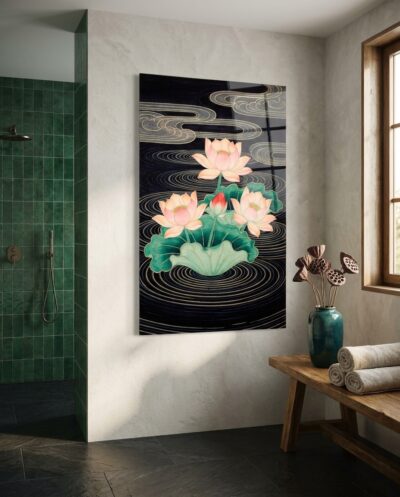 Luminous pink lotus blossoms and verdant pads emerge from midnight waters, surrounded by delicate golden ripples and stylized mist.