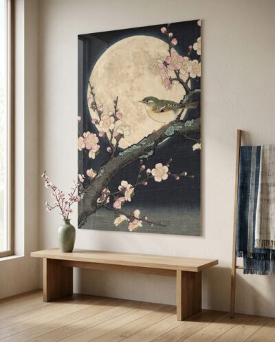 A solitary bush warbler rests upon a blooming plum branch, suspended in quiet contemplation before the luminous expanse of a full spring moon.