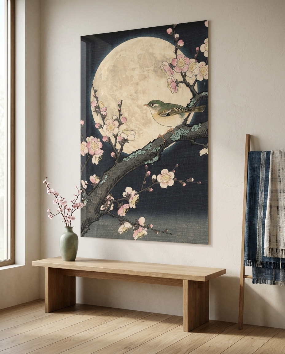 A solitary bush warbler rests upon a blooming plum branch, suspended in quiet contemplation before the luminous expanse of a full spring moon.