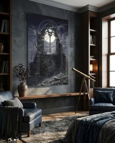 A solitary barn owl keeps vigil within a ruined Gothic chancel under the silver glow of a haloed winter moon.