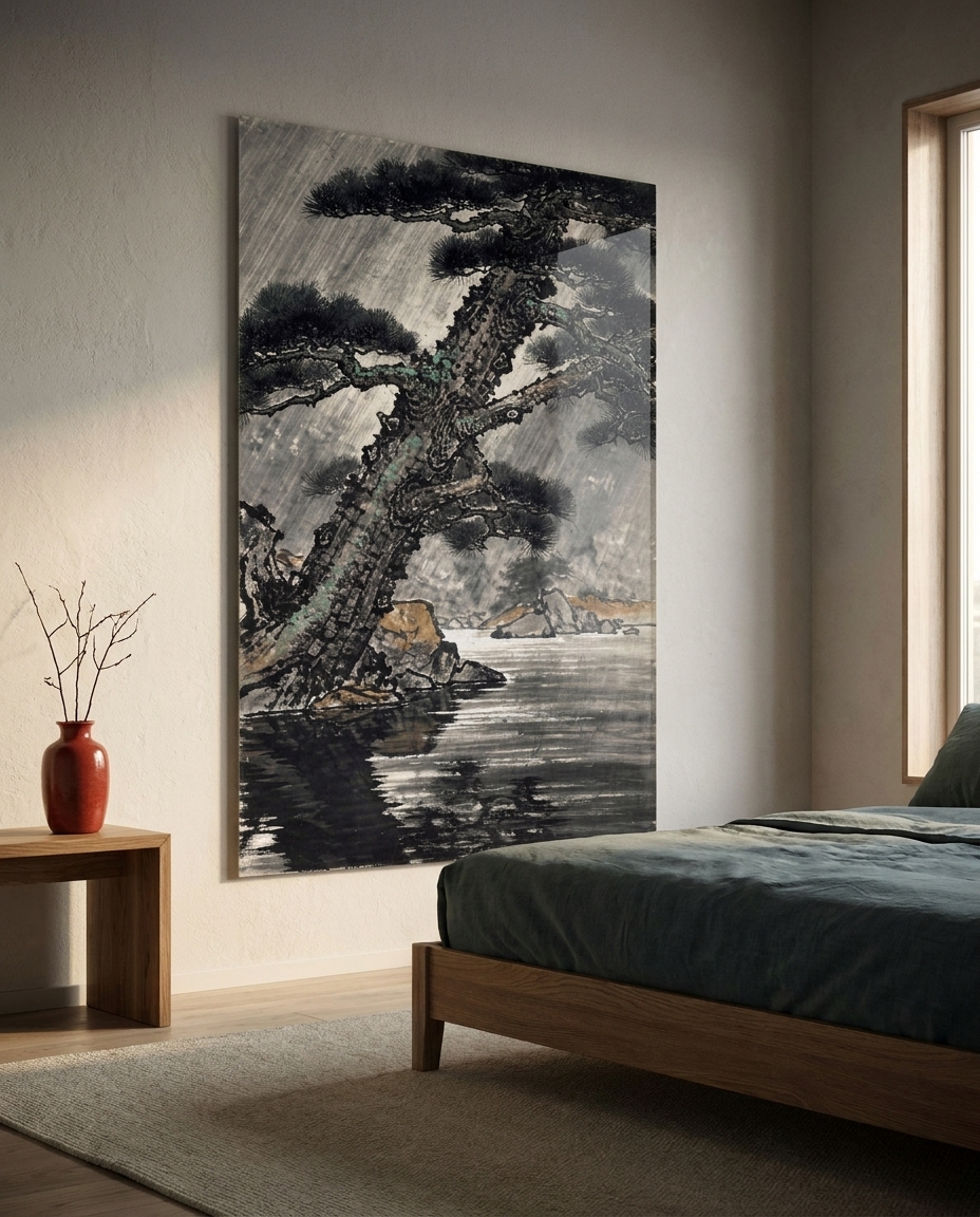 Slanted mountain rain veils an ancient, moss-dusted pine bending stoically over the tranquil expanse of an ink-washed woodland lake.