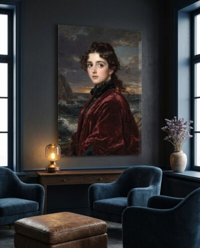 A windswept portrait of a young woman wrapped in rich crimson velvet against a dramatic, crashing ocean at twilight.