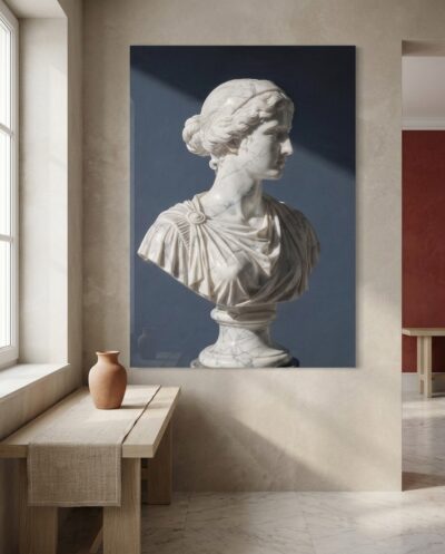 Carved with serene classical grace, an idealized marble bust emerges from soft slate-blue shadow into cool, sculpted daylight.