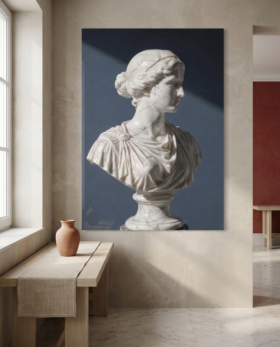Carved with serene classical grace, an idealized marble bust emerges from soft slate-blue shadow into cool, sculpted daylight.