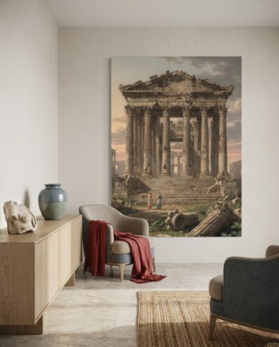 Monumental Corinthian columns rise in quiet majesty against a dawn-tinted sky, framing two solitary figures amidst the weathered grandeur of antiquity.