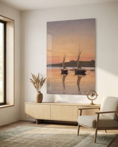Two resting sloops float on mirror-smooth coastal shallows beneath an amber and lavender twilight sky.