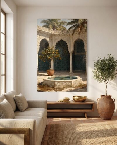 Warm sunlight washes over an octagonal stone fountain and a fruiting orange tree within an ornate Moorish courtyard.