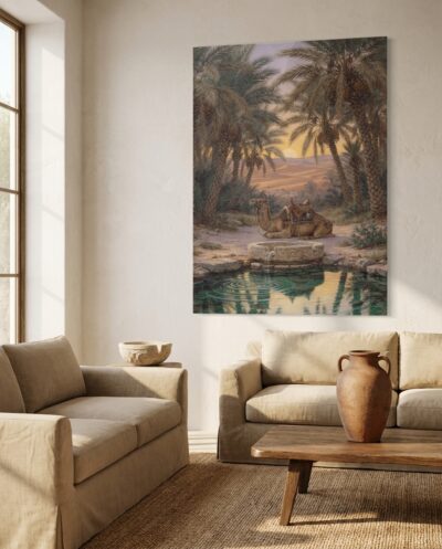 A resting camel reclines beside a tranquil desert pool, shaded by towering date palms beneath warm evening dunes.