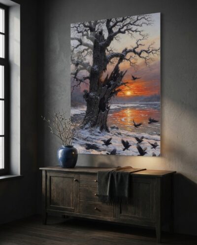 A gnarled oak splintered by lightning overlooks a frozen river, silhouetted against a blazing winter sunset as ravens scatter into the dusk.