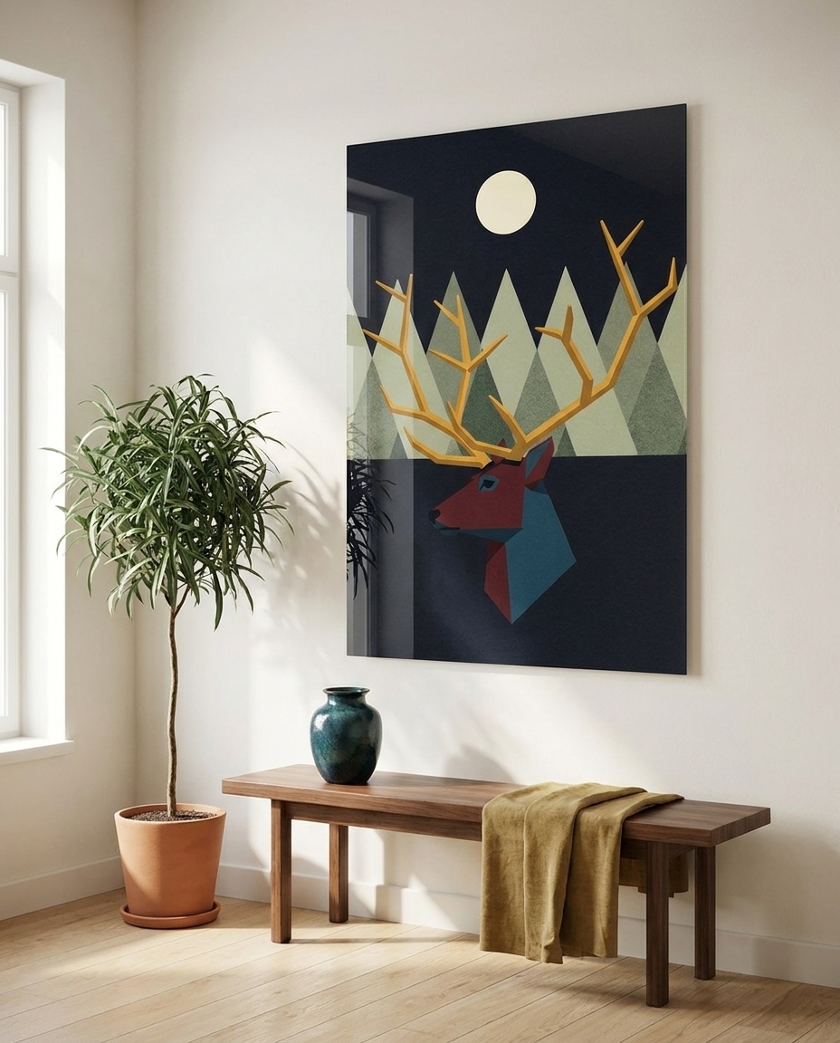 A majestic geometric stag crowns a tranquil forest beneath a glowing moon, balancing warm ochre antlers against midnight navy depths.