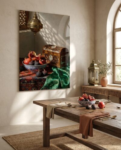 Sunlight filters through a mashrabiya screen onto glistening pomegranates, ripe figs, and mother-of-pearl inlay, evoking the quiet luxury of a Levantine interior.