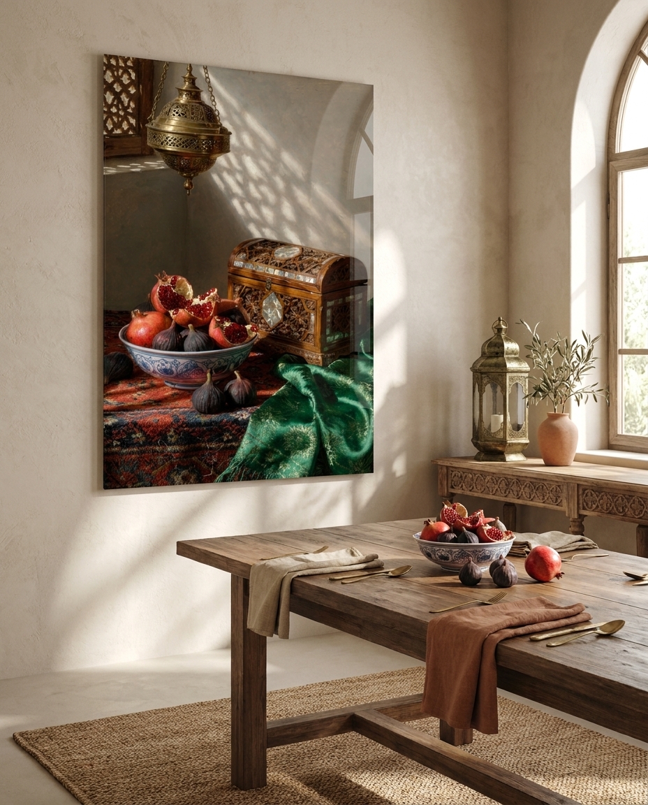 Sunlight filters through a mashrabiya screen onto glistening pomegranates, ripe figs, and mother-of-pearl inlay, evoking the quiet luxury of a Levantine interior.