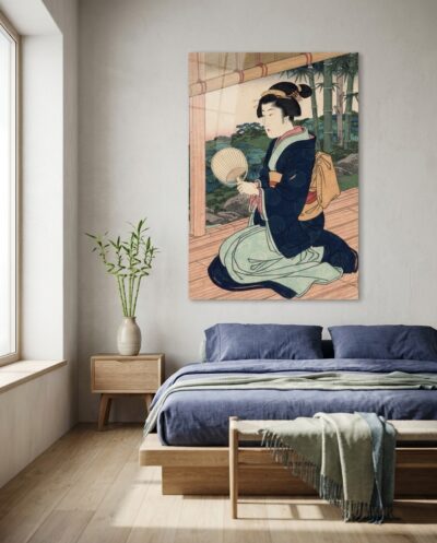 A graceful figure rests on a sunlit timber veranda, holding a woven fan as gentle breezes stir the lush bamboo garden beyond.