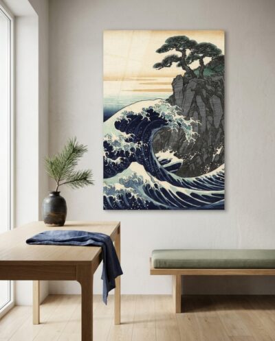 A colossal Prussian blue wave coils with dramatic force against craggy coastal cliffs crowned by resilient, wind-swept evergreen pines.