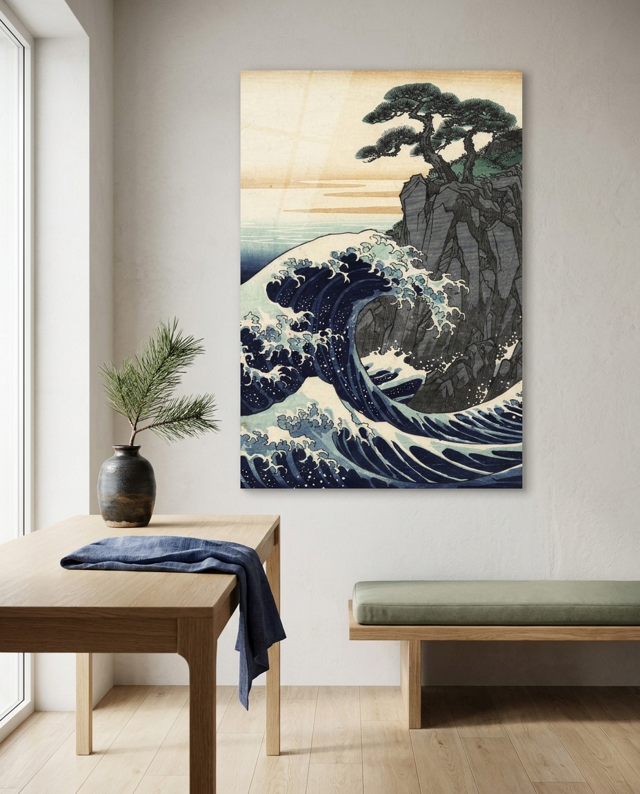 A colossal Prussian blue wave coils with dramatic force against craggy coastal cliffs crowned by resilient, wind-swept evergreen pines.
