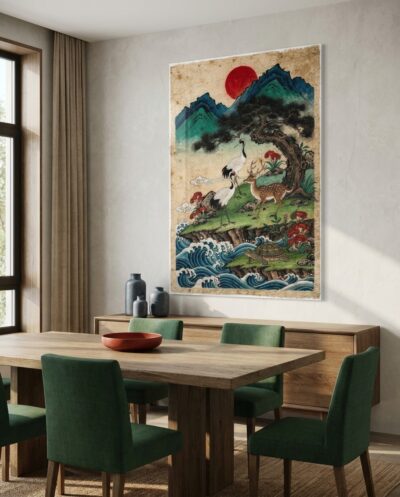 Sacred cranes, a spotted deer, and an ancient turtle gather beside rhythmic waves and blue peaks under a crimson sun, celebrating timeless vitality.