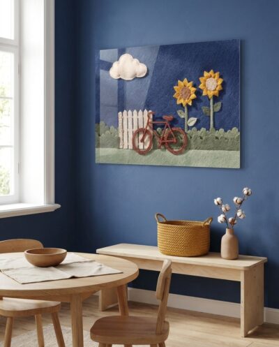 A charming textile vignette captures a rust-red bicycle resting by an ivory garden fence beneath radiant felt sunflowers and a drifting wool cloud.