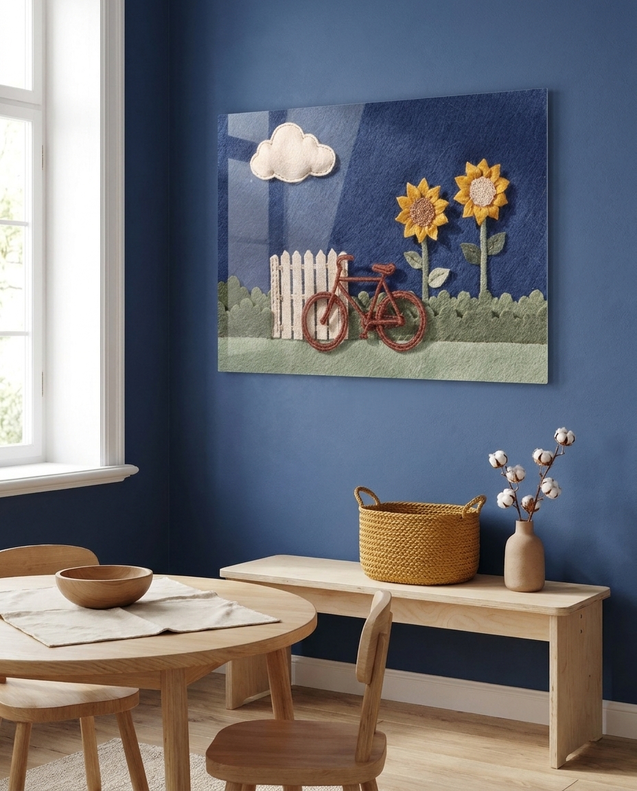 A charming textile vignette captures a rust-red bicycle resting by an ivory garden fence beneath radiant felt sunflowers and a drifting wool cloud.