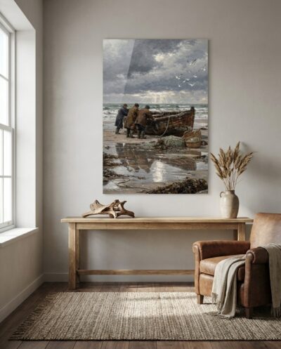 Three fishermen maneuver a weathered wooden skiff across wet coastal shallows beneath a brooding, light-pierced sky.