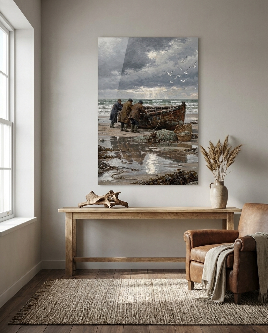 Three fishermen maneuver a weathered wooden skiff across wet coastal shallows beneath a brooding, light-pierced sky.