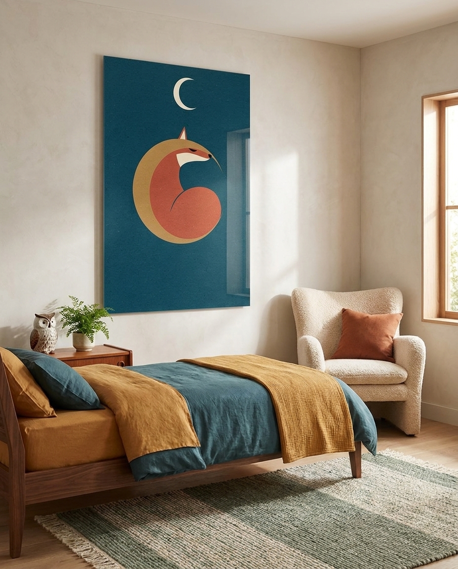 A curled fox rests within a harmonious circular form beneath a delicate crescent moon on deep petrol blue.