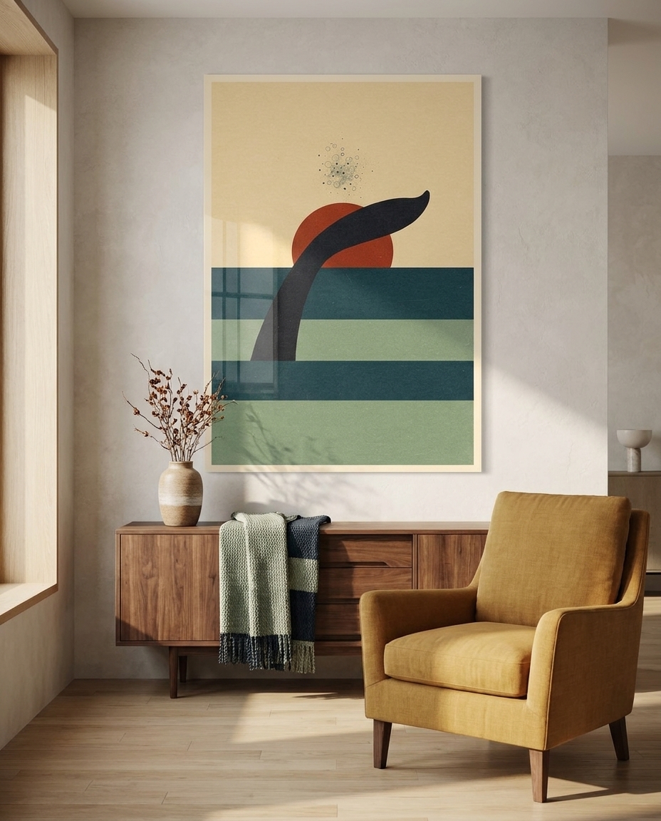 A sweeping navy fluke rises in a pure graphic arc above banded ocean tones and a setting cinnabar sun.