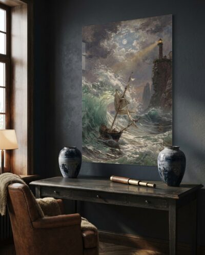 A lone vessel surmounts a towering emerald wave, backlit by moonlight and the piercing beacon of a cliffside lighthouse.