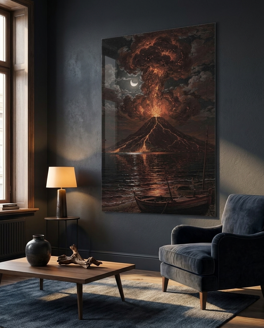 Rivers of incandescent magma cascade down a distant volcano, casting fiery reflections across a tranquil, moonlit bay.