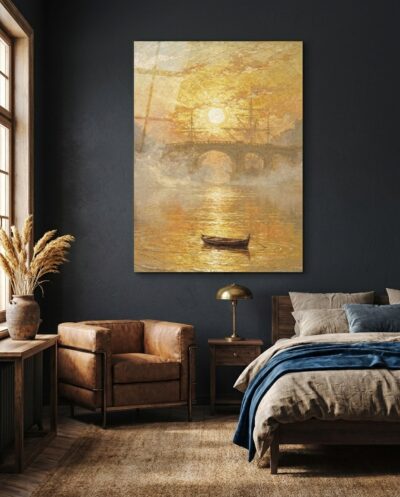 A solitary rowboat rests on luminous amber water as dawn dissolves an arched bridge in pure golden mist.