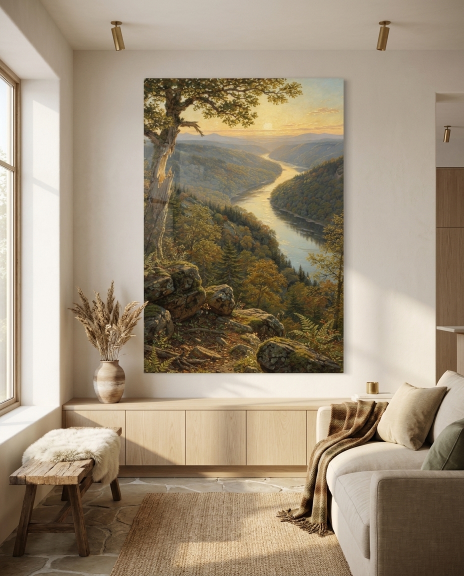 A winding river cuts through golden autumn hills toward a glowing sunset, framed by a weathered oak on a rugged cliff.