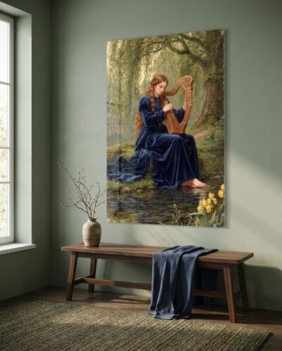 A maiden in rich ultramarine velvet draws quiet melodies from a carved harp beside a tranquil, iris-lined forest stream.